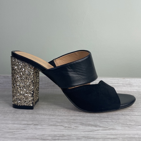 Badgley Mischka American Glamour black and gold glitter sandal heels sz 5.5 - Picture 2 of 15